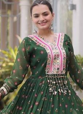 Green navratri laheriya georgette gown with kutchi patchwork 1
