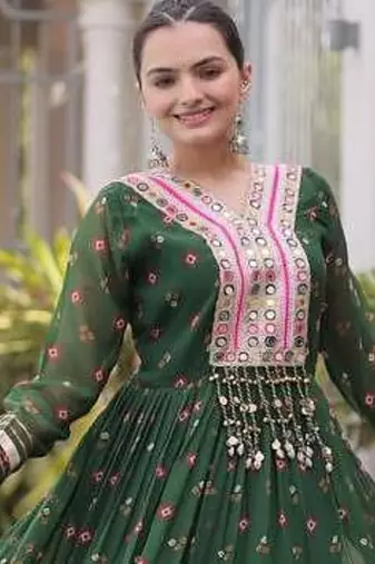 Green navratri laheriya georgette gown with kutchi patchwork