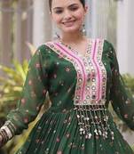 Green navratri laheriya georgette gown with kutchi patchwork