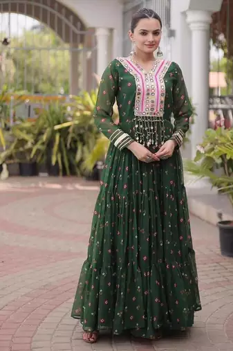 Green navratri laheriya georgette gown with kutchi patchwork