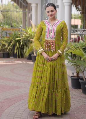 Olive navratri laheriya georgette gown with kutchi patchwork 1
