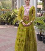 Olive navratri laheriya georgette gown with kutchi patchwork
