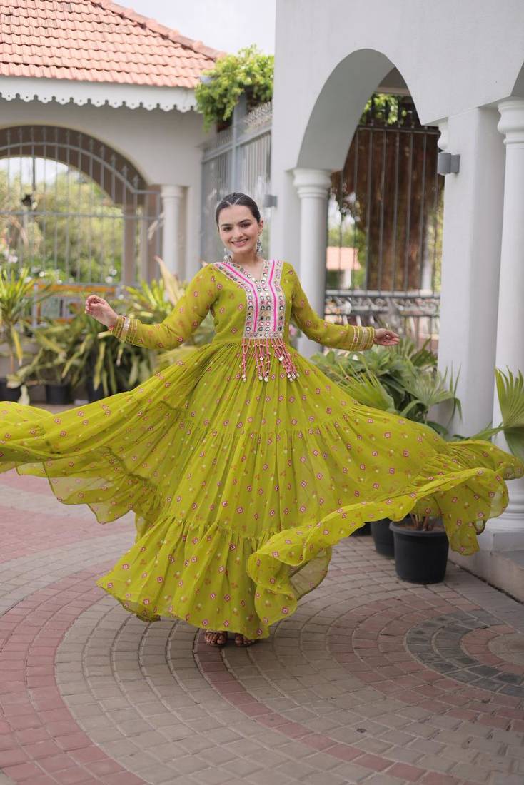 Olive navratri laheriya georgette gown with kutchi patchwork