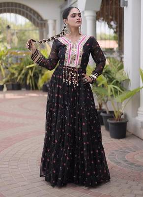 Black navratri laheriya georgette gown with kutchi patchwork 1