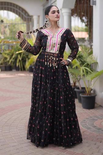 Black navratri laheriya georgette gown with kutchi patchwork