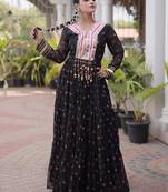 Black navratri laheriya georgette gown with kutchi patchwork