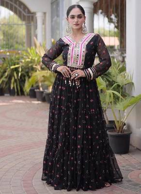 Black navratri laheriya georgette gown with kutchi patchwork 2