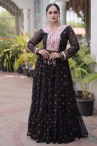 Black navratri laheriya georgette gown with kutchi patchwork