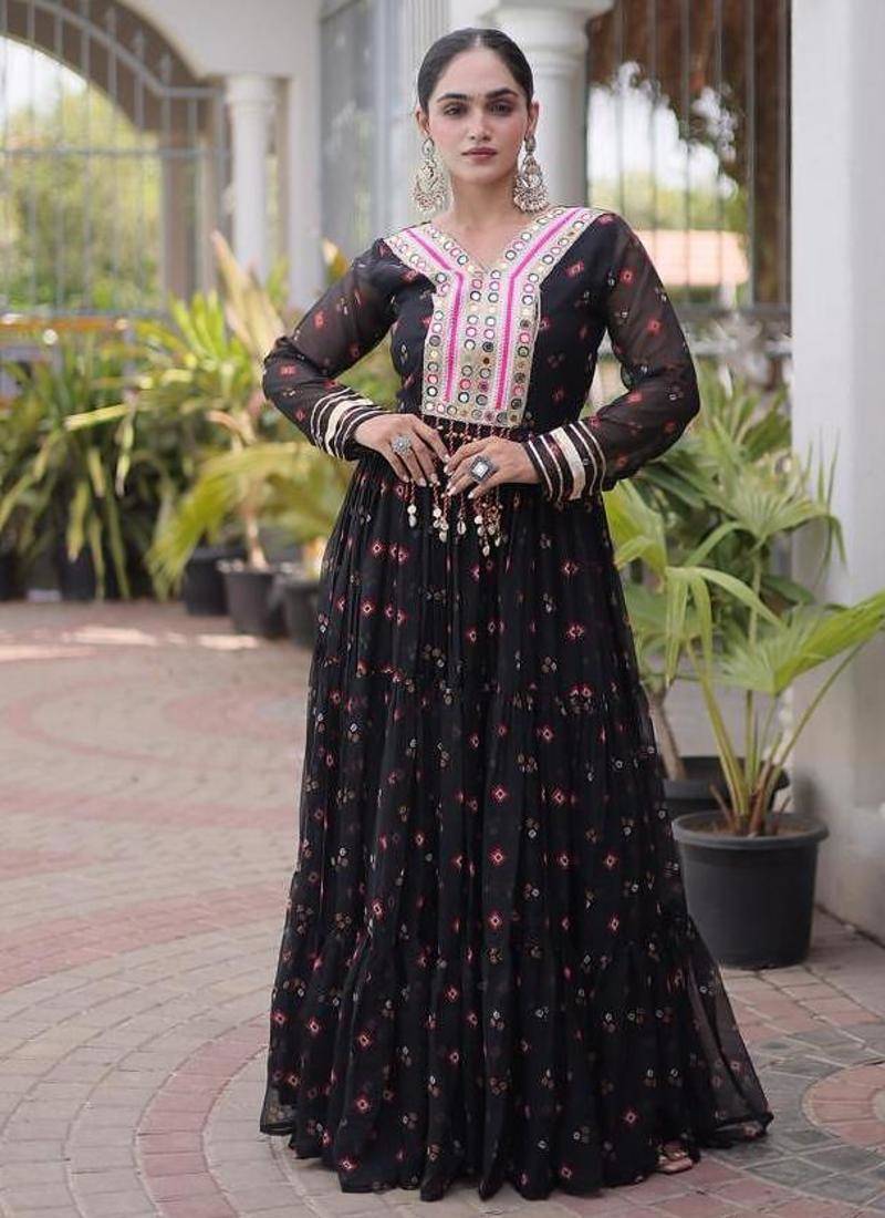Black navratri laheriya georgette gown with kutchi patchwork