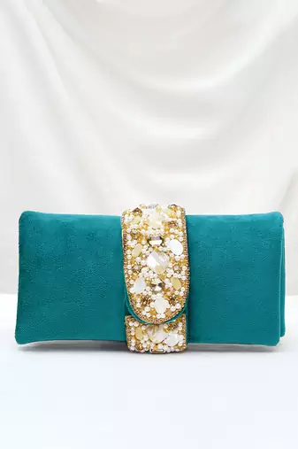 teal green embellished clutch bag ethnic purse for women & girls