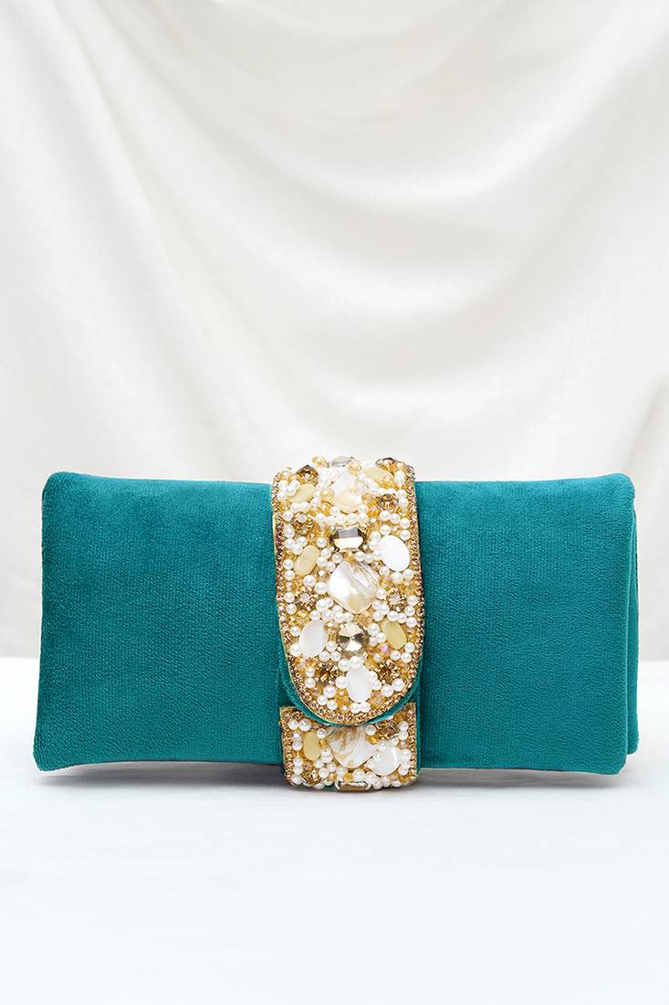 teal green embellished clutch bag ethnic purse for women & girls