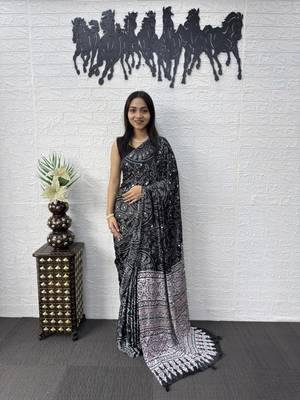 Black Color Mirror Work Satin Saree 1