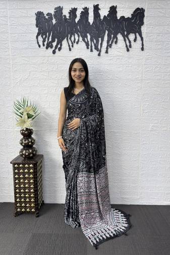 Black Color Mirror Work Satin Saree