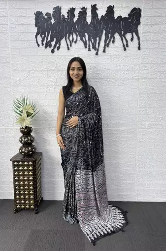 Black Color Mirror Work Satin Saree
