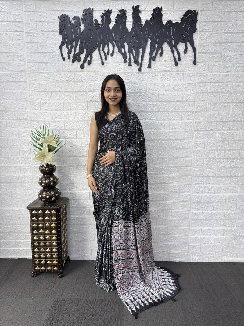 Black Color Mirror Work Satin Saree