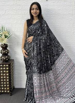 Black Color Mirror Work Satin Saree 2