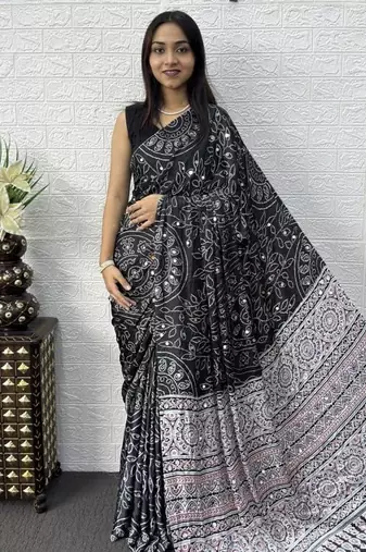 Black Color Mirror Work Satin Saree
