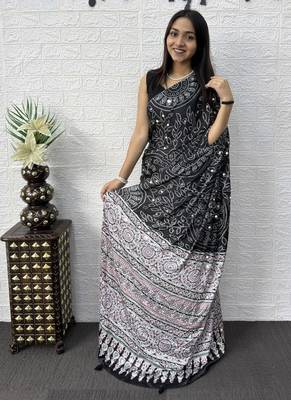 Black Color Mirror Work Satin Saree 3