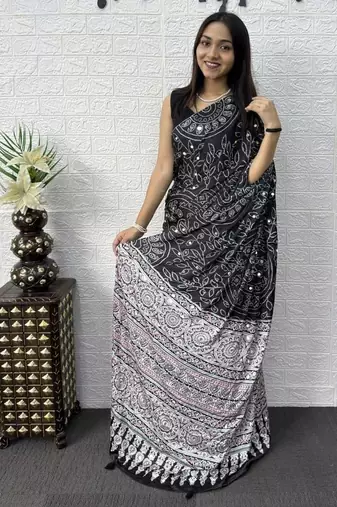 Black Color Mirror Work Satin Saree