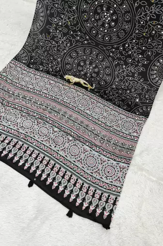 Black Color Mirror Work Satin Saree