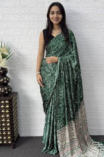 Green Color Mirror Work Satin Saree