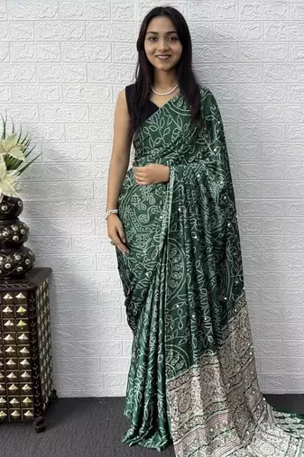 Green Color Mirror Work Satin Saree