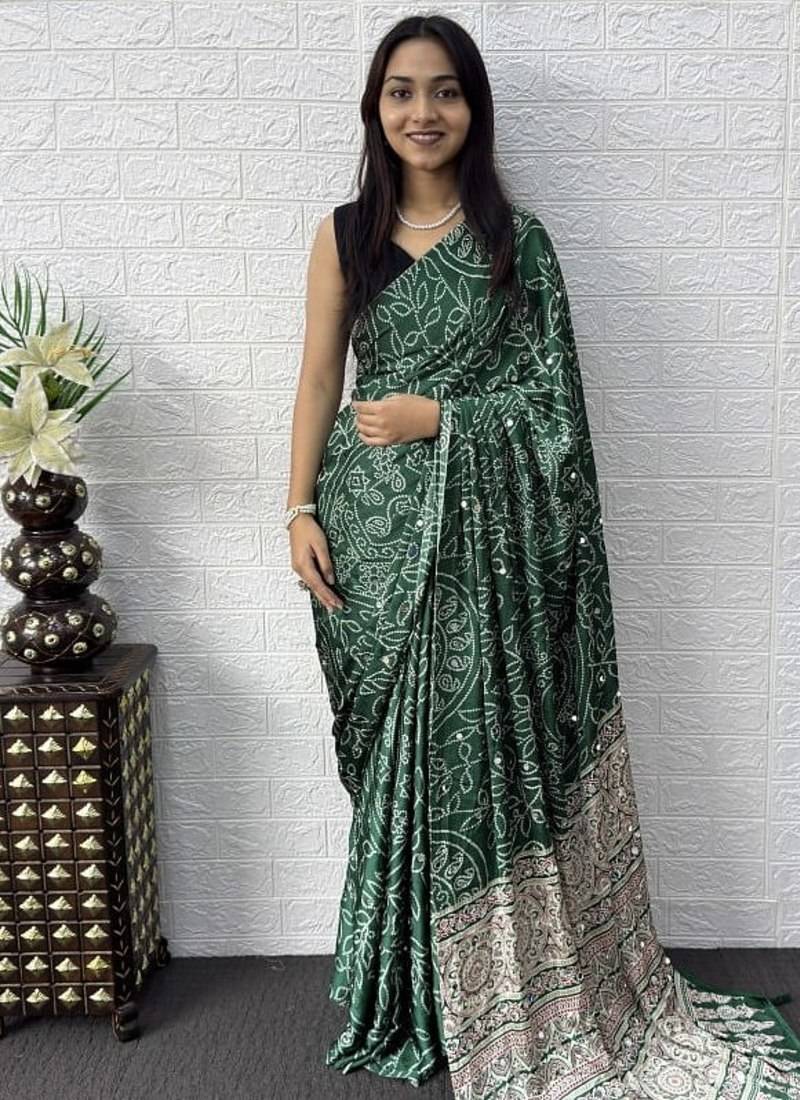 Green Color Mirror Work Satin Saree