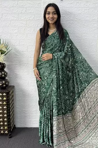 Green Color Mirror Work Satin Saree