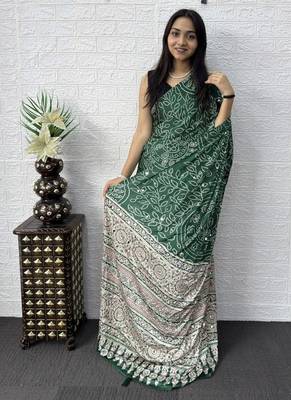 Green Color Mirror Work Satin Saree 3