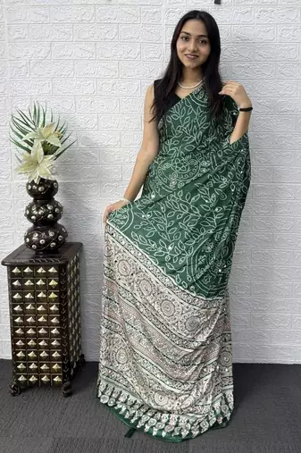 Green Color Mirror Work Satin Saree