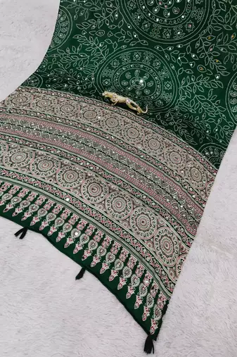 Green Color Mirror Work Satin Saree