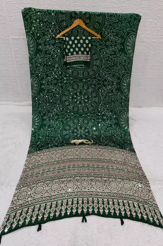 Green Color Mirror Work Satin Saree