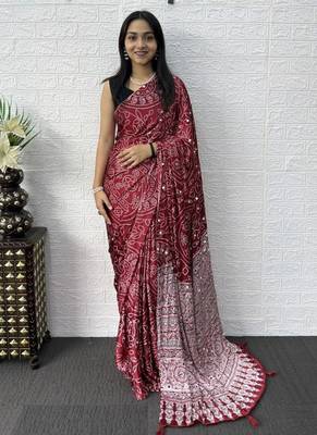 Maroon Color Mirror Work Satin Saree 1