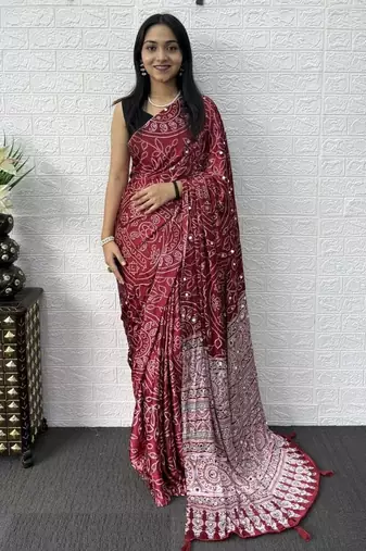 Maroon Color Mirror Work Satin Saree