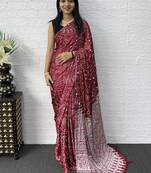 Maroon Color Mirror Work Satin Saree