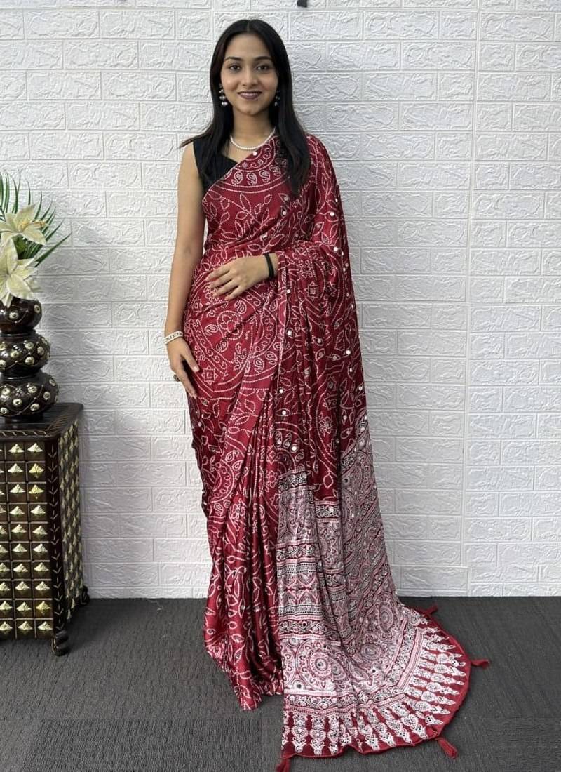 Maroon Color Mirror Work Satin Saree