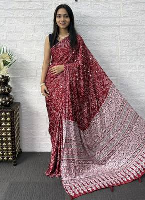 Maroon Color Mirror Work Satin Saree 2