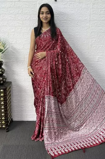 Maroon Color Mirror Work Satin Saree