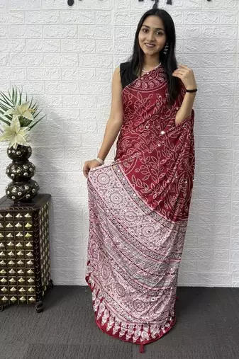 Maroon Color Mirror Work Satin Saree