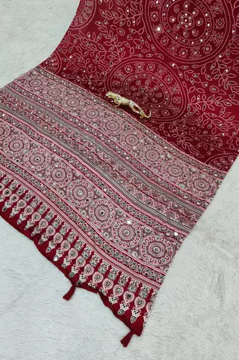 Maroon Color Mirror Work Satin Saree