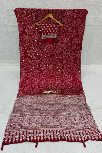 Maroon Color Mirror Work Satin Saree