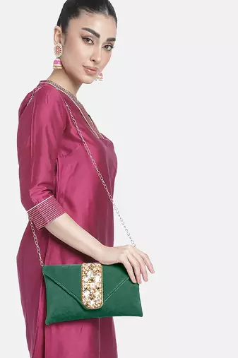 indian  gift for women evening bag clutch ethnic bride purse with drawstring green