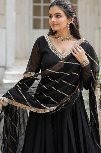 Black faux georgette readymade anarkali suit with embroidery & sequin  work