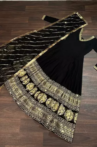 Black faux georgette readymade anarkali suit with embroidery & sequin  work