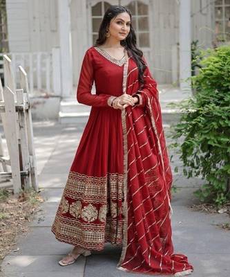 Maroon faux georgette readymade anarkali suit with embroidery & sequin  work 1