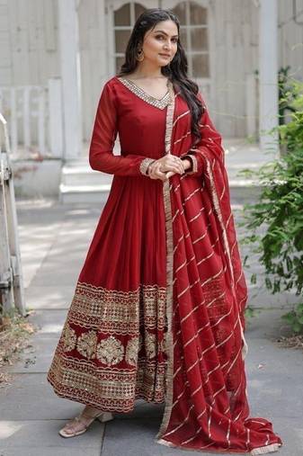 Maroon faux georgette readymade anarkali suit with embroidery & sequin  work