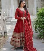 Maroon faux georgette readymade anarkali suit with embroidery & sequin  work