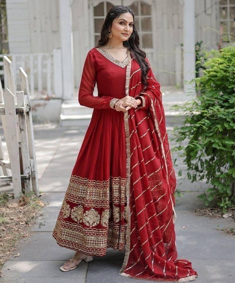 Maroon faux georgette readymade anarkali suit with embroidery & sequin  work