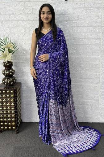 Purple Color Mirror Work Satin Saree