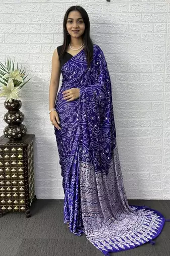 Purple Color Mirror Work Satin Saree
